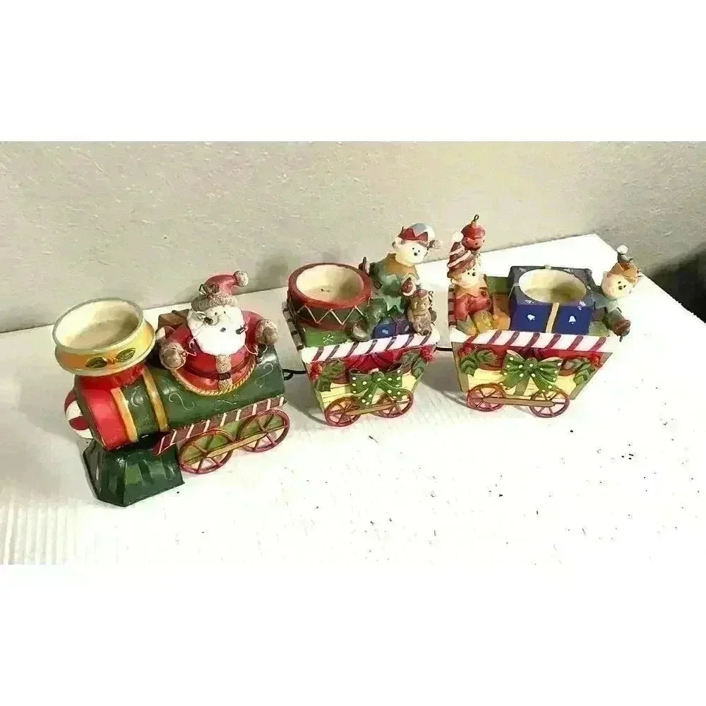 Home Interiors & Gifts Christmas Train Candle Holder Santa Elves 3 Piece VINTAGE